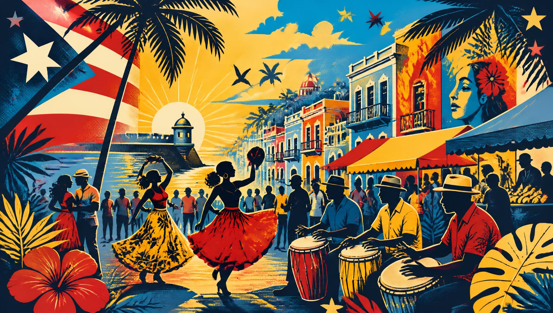 Vibrant Puerto Rican community gathering with dancers, drums, and colonial architecture